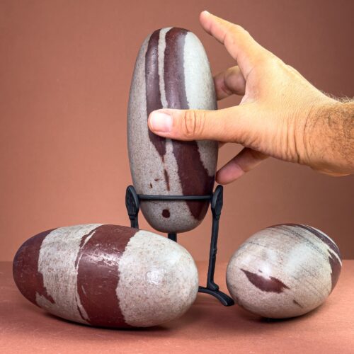 Shiva Lingam (15–17 cm) with Custom Metal Stand — Sacred Stone from the Narmada River, India